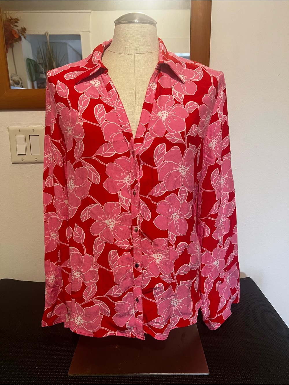 Zara Red Button-Down Blouse with Pink Floral Print